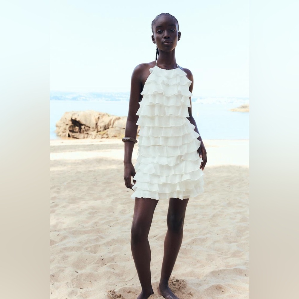 Zara ivory ecru mini dress halter ruffle Bohemian summer vacation evening - Picture 7 of 12